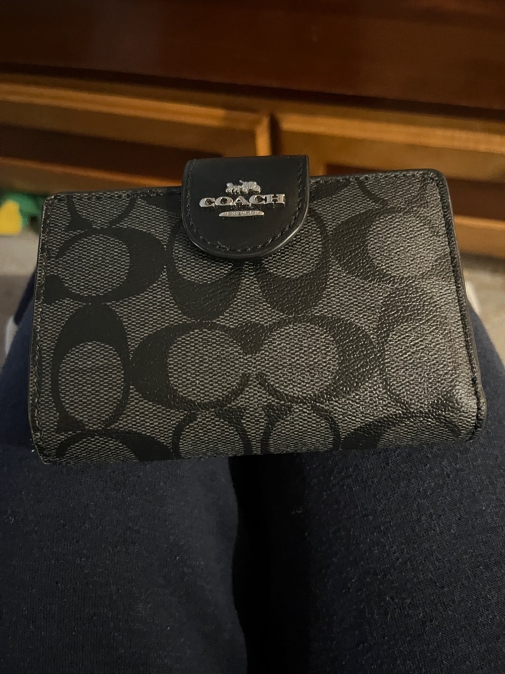 Coach Black Signature Small Wallet with Silver Logo